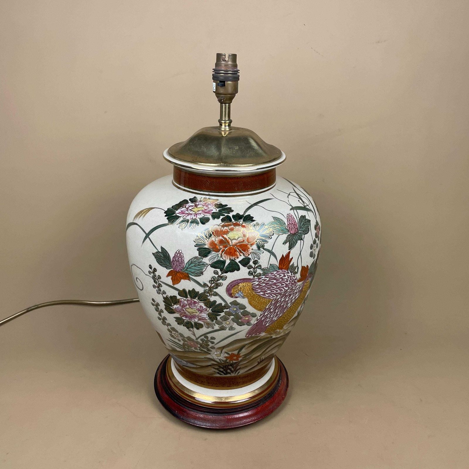 Large Oriental Antique Ceramic Lamp Light Bedside Table Hand Painted Floral Design Birds Gold Metal Painted Wood Base Chinese Vase Vintage