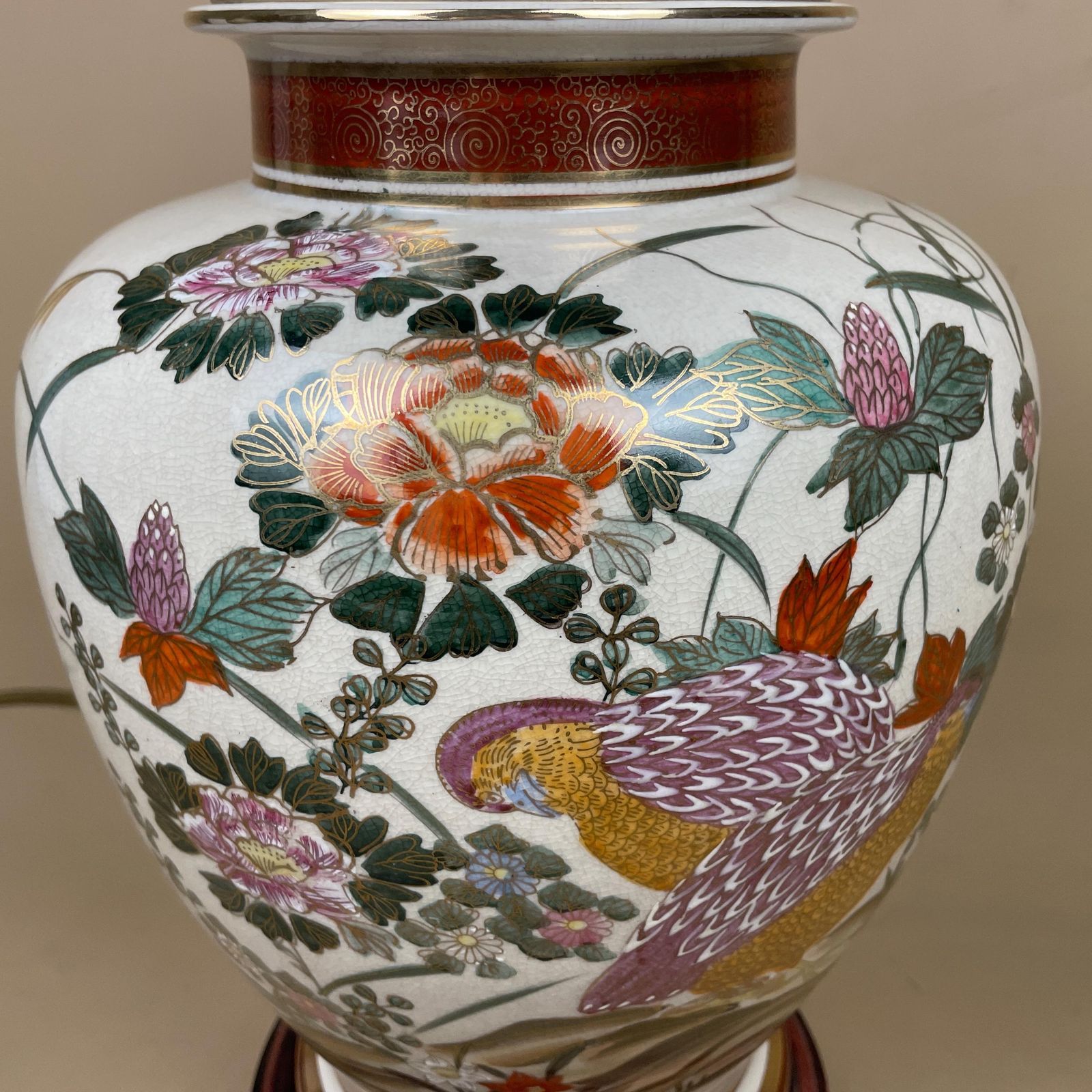 Large Oriental Antique Ceramic Lamp Light Bedside Table Hand Painted Floral Design Birds Gold Metal Painted Wood Base Chinese Vase Vintage photo for sale