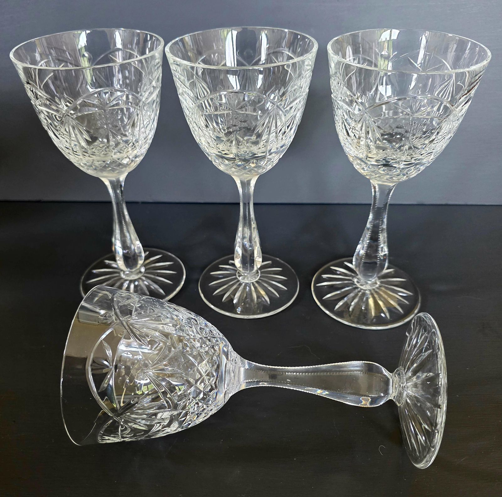 Stunning Set Of 4 Vintage Webb Cut Crystal Wine Glasses In Jewel Pattern, 1970s photo for sale