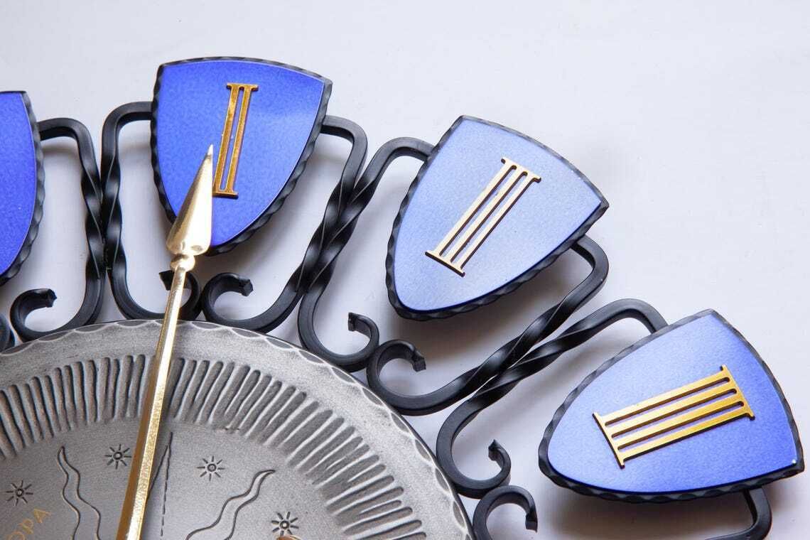 1960s Europa Smeedijzeren Wandklok Mid-Century Atomic Duitsland Modernisme Starburst Junghans Blauw Goud photo 233.0