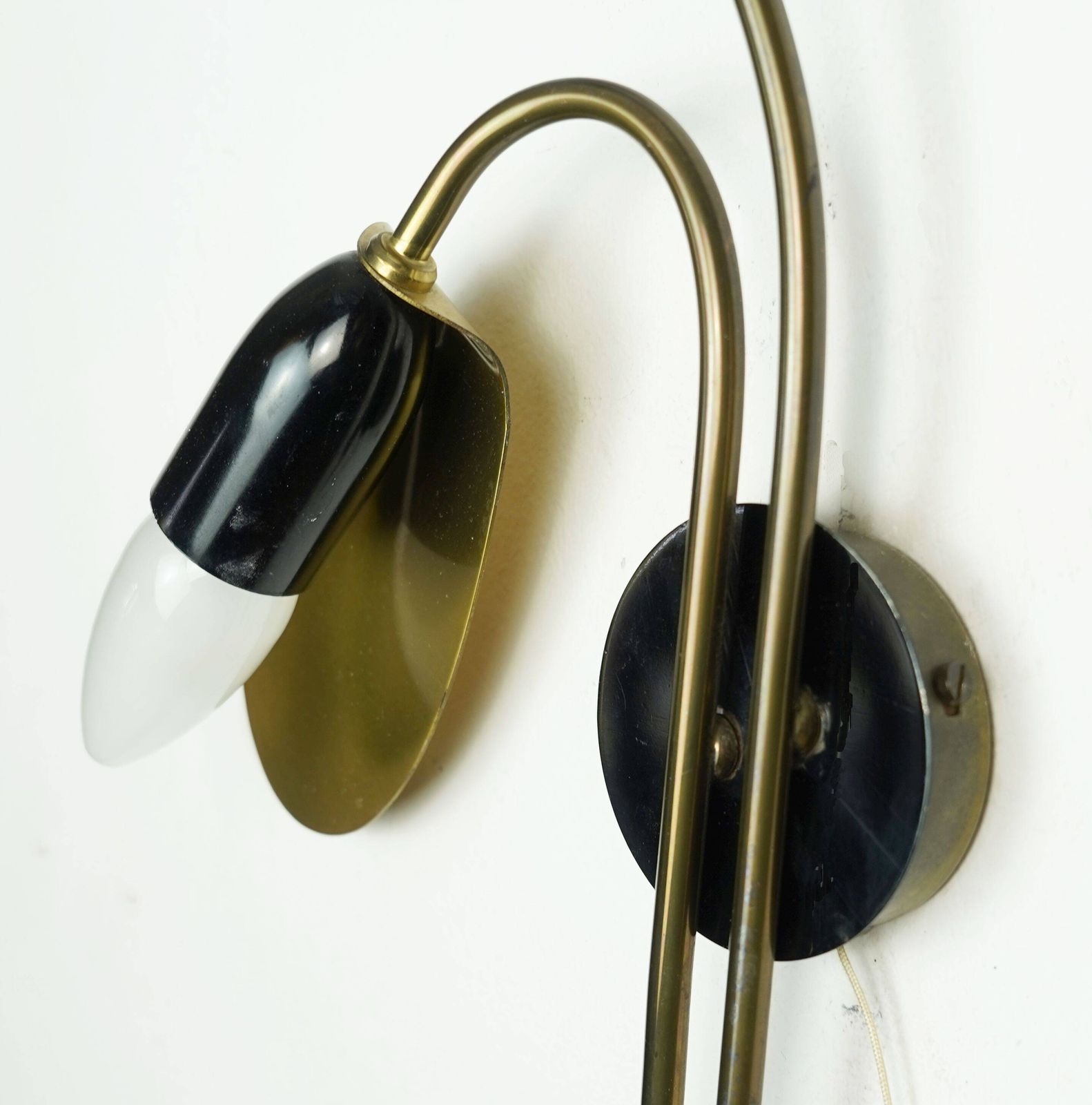 Lighting Pair Of 1950s Mid Century Sconces Wall Lamps Brass Black Metal photo