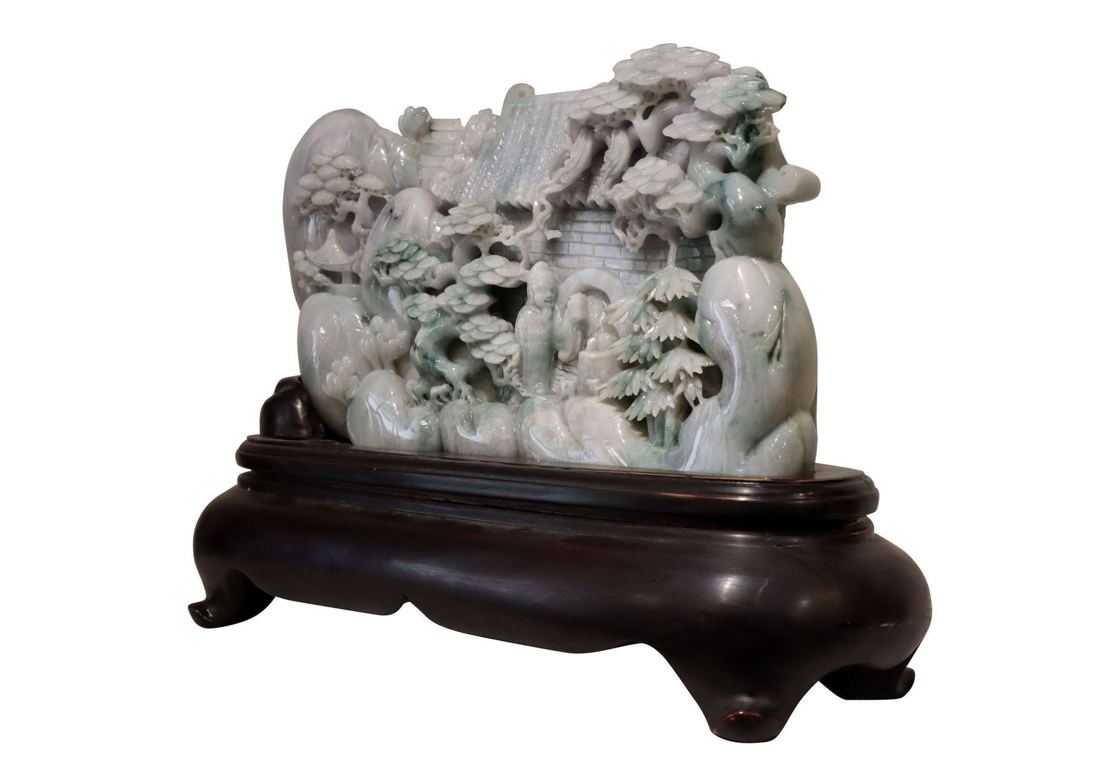 Exceptional Large Chinese Carved Jade Mountain Landscape Sculpture On Hardwood Stand photo Art