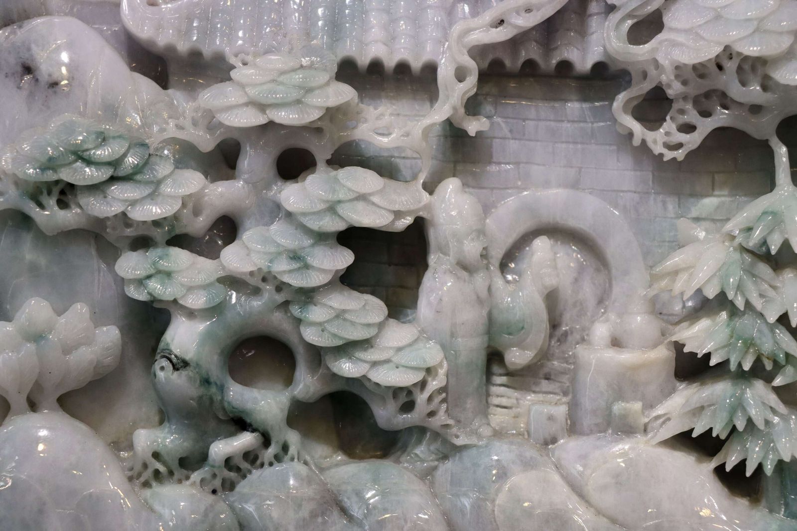 photo for sale Exceptional Large Chinese Carved Jade Mountain Landscape Sculpture On Hardwood Stand