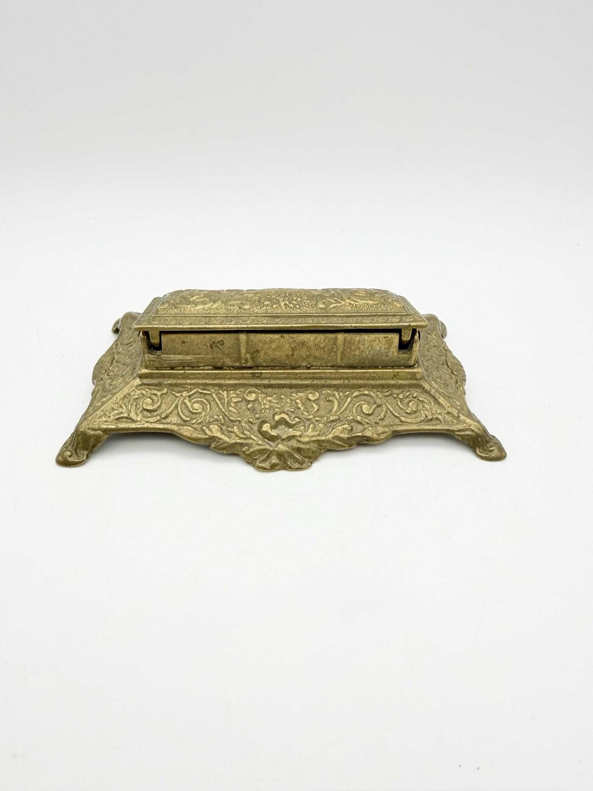 Antique Art Nuveau Brass Stamp Box, Small Ornate Brass Box photo vinterior