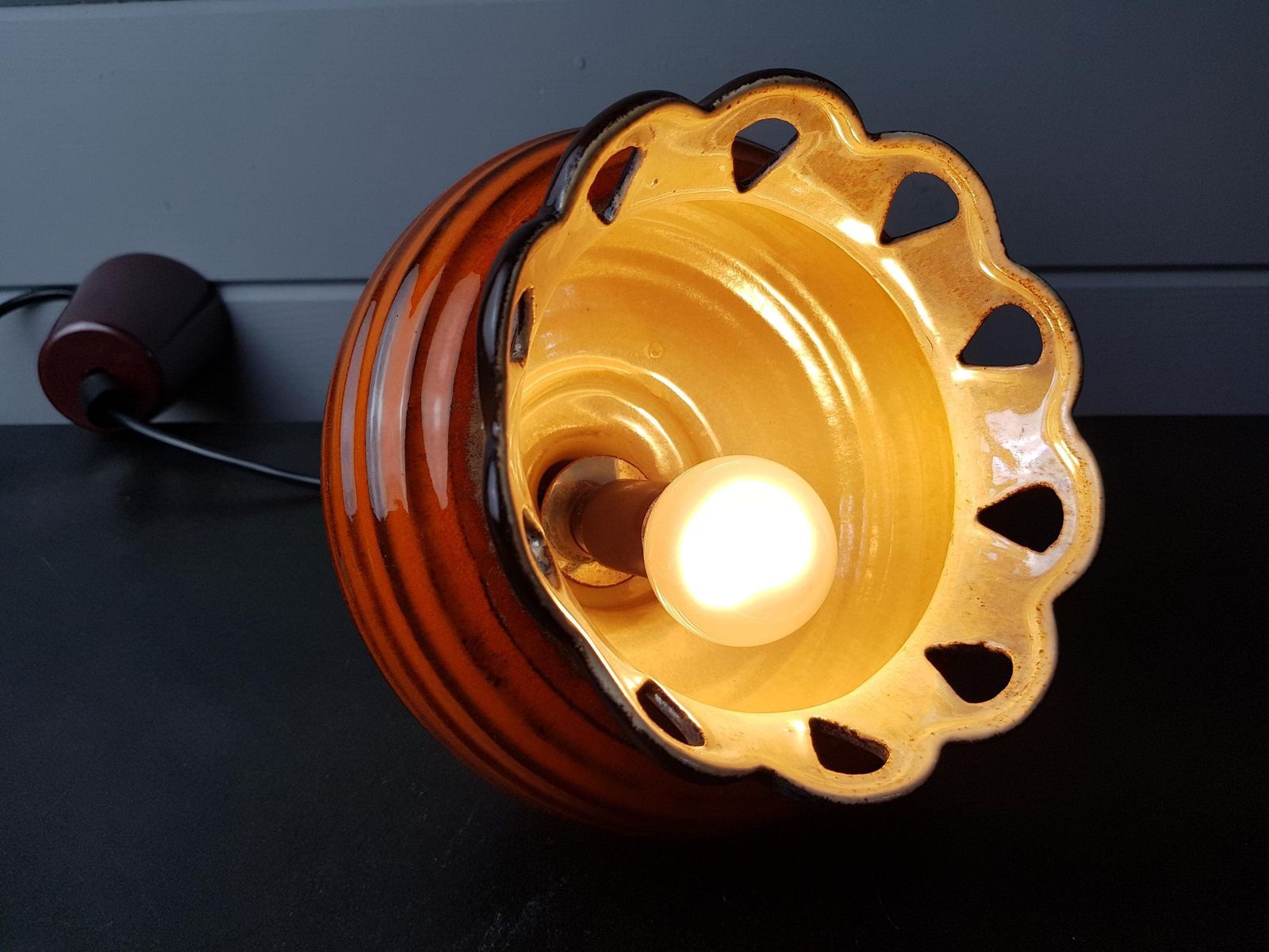 Vintage Set Of 2 Brown And Orange Ceramic Pendant Lamps – West German Pottery Ceiling Lights – 1960s 1970s Mid Century Modern photo vinterior