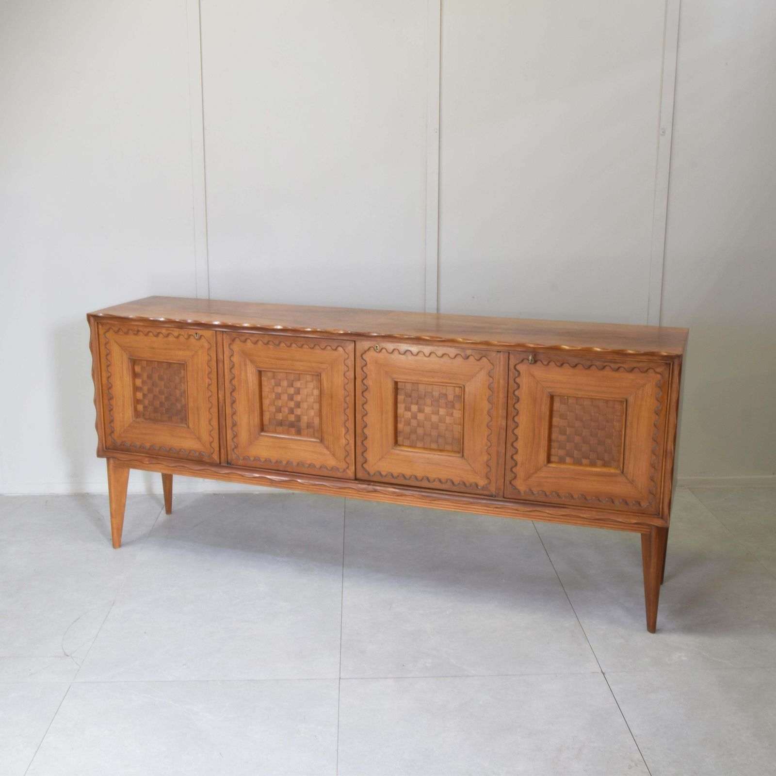 Paolo Buffa Fourdoor Walnut Credenza With Checkerboard Marquetry 1950s photo vinterior