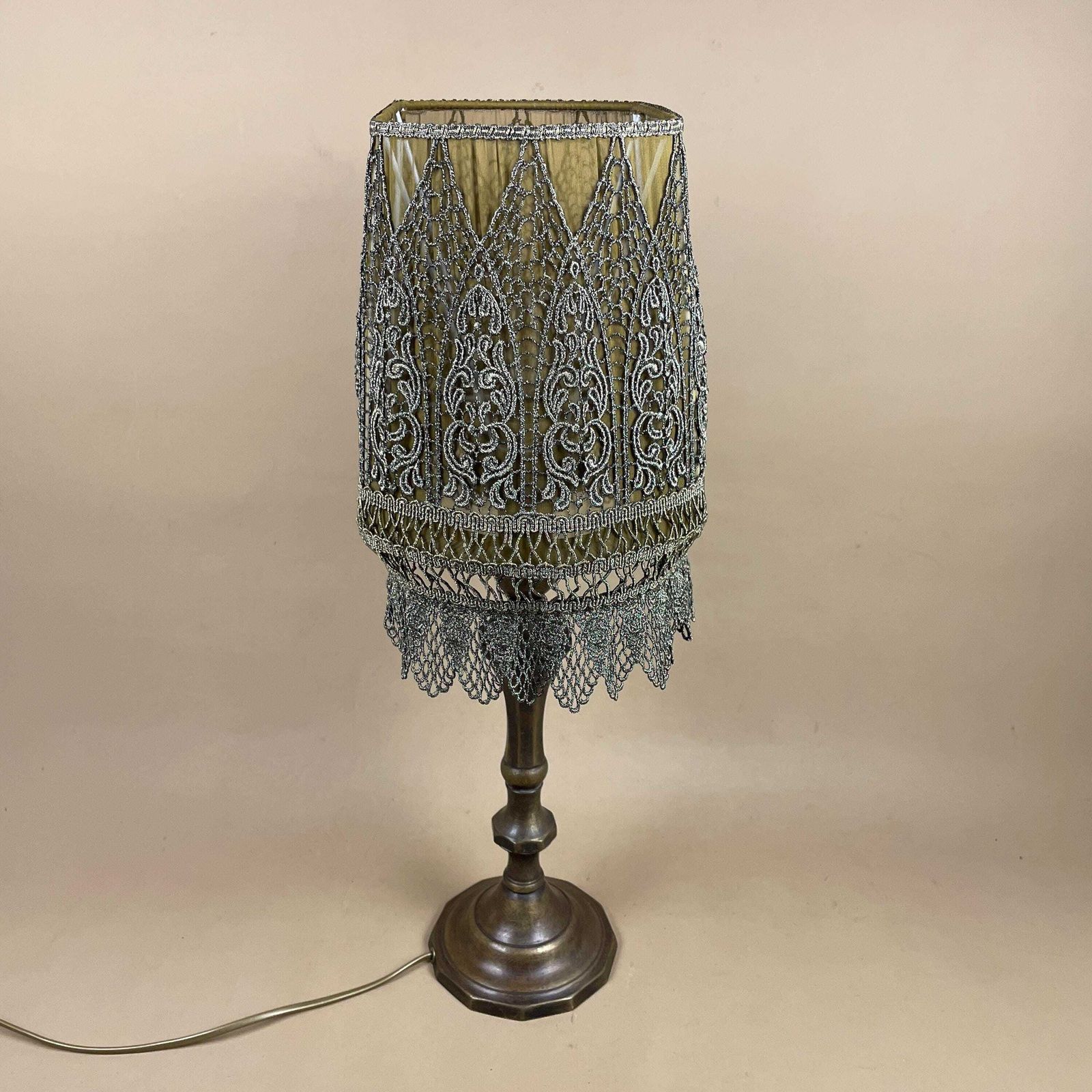 Antique Metal Gold Brass Lamp Light Bedside Side Table Desk Column Pillar Base Ornate Detail Medium Vintage Lampshade Silk Green Shade Lace photo for sale