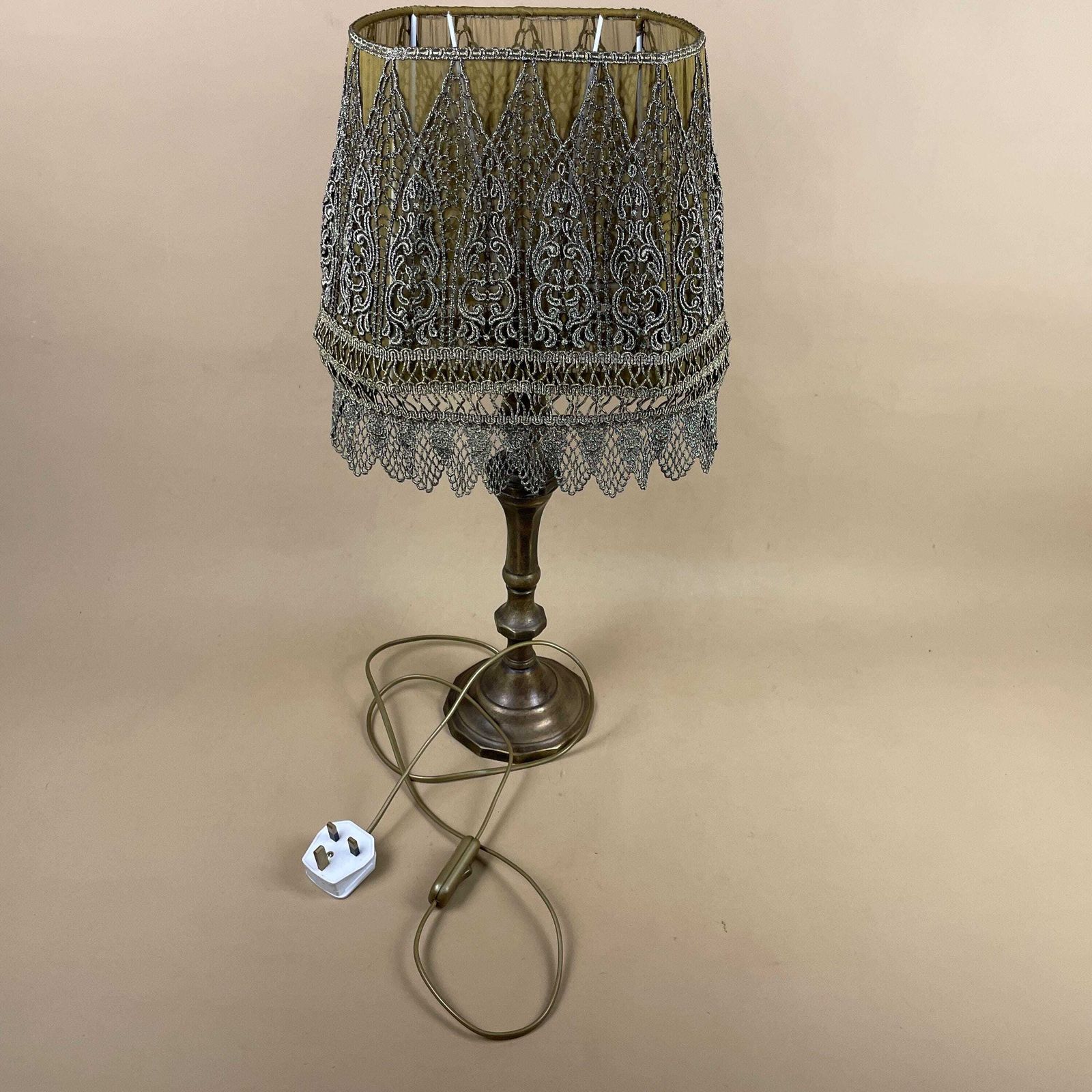 Lighting Antique Metal Gold Brass Lamp Light Bedside Side Table Desk Column Pillar Base Ornate Detail Medium Vintage Lampshade Silk Green Shade Lace photo