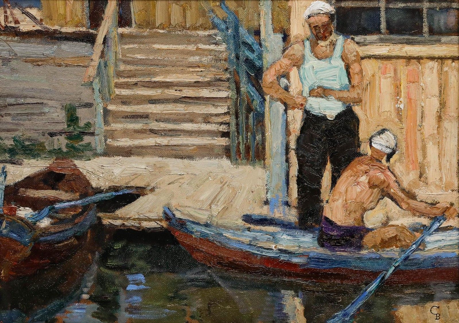 Vladimir Trofimovich Skriabin (1927 1989) Framed 20th Century Oil, At The Pier photo furniture