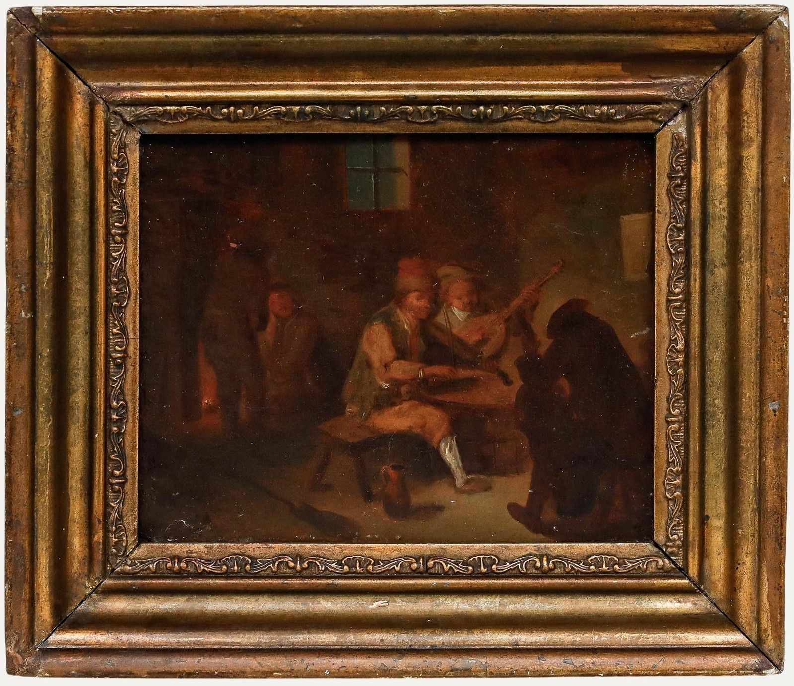 Framed 18th Century Oil Fiddlers At The Pub