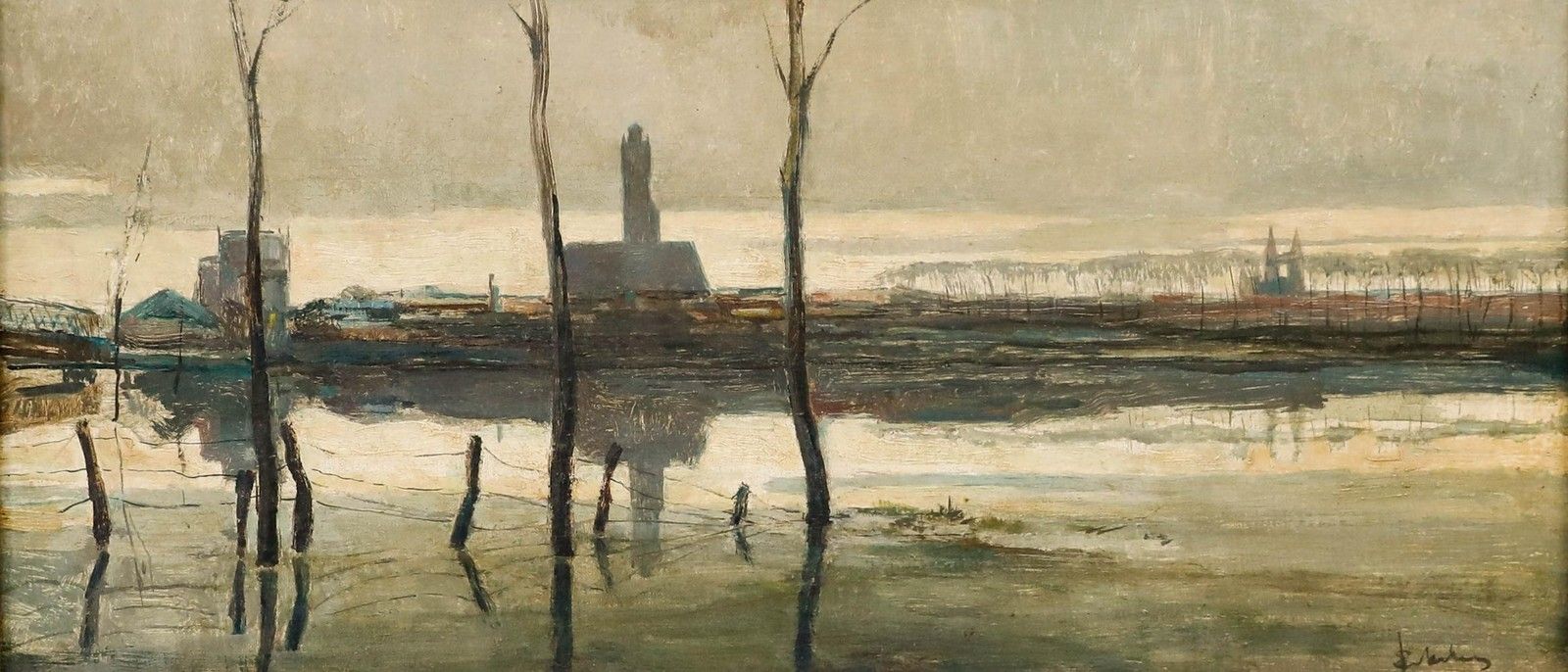 Anton Erkelens (1885 1956) Early 20th Century Oil, Flooded Landscape photo furniture
