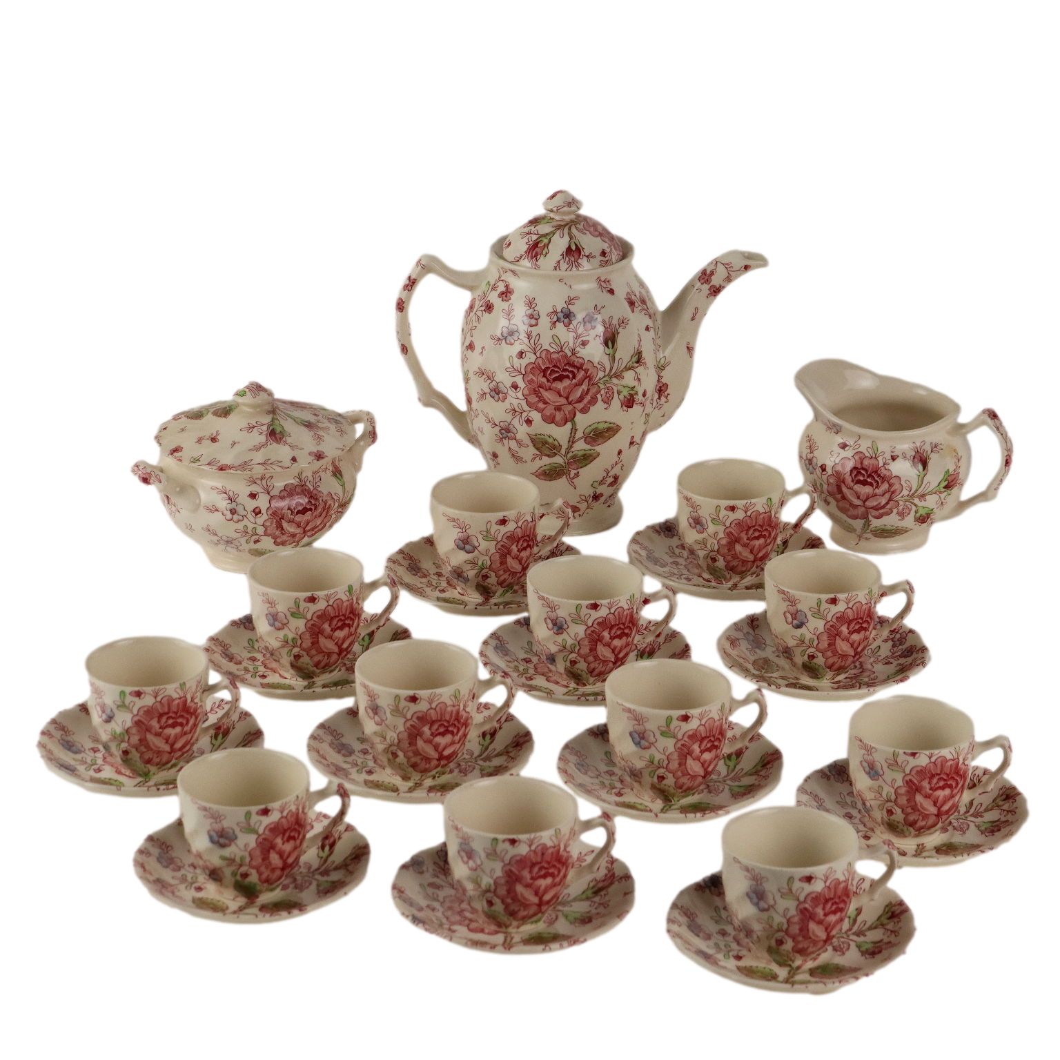 Service à café d'époque en porcelaine Johnson Bros. Rose Chintz '900