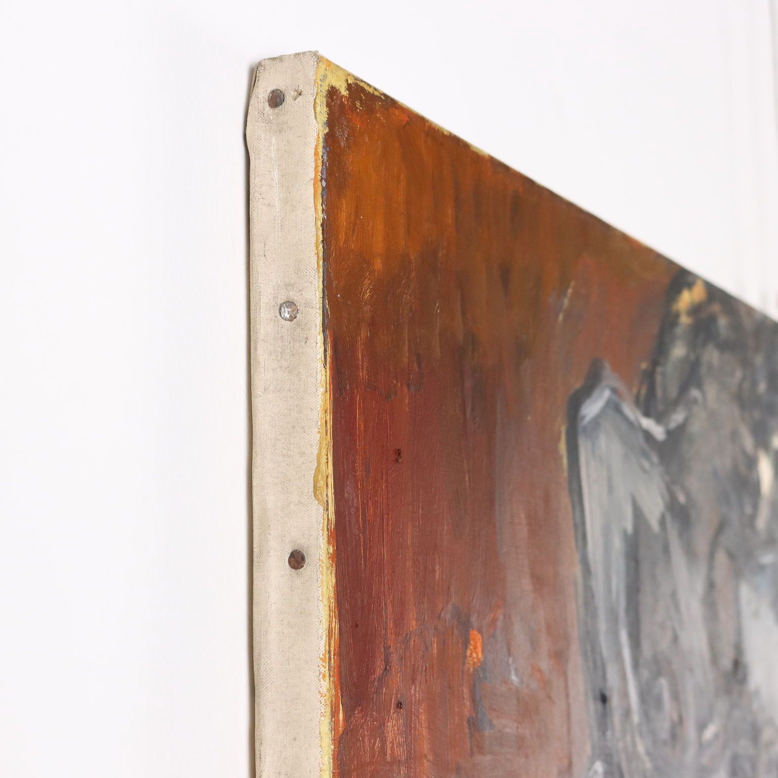 photo furniture Peinture moderne signée Orazi, huile sur toile, Têtes Paysage, 1975
