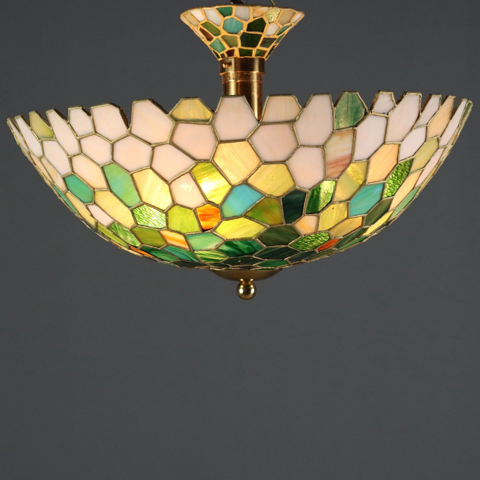 Antique Chandelier Tiffany Style Brass Glass Italy XX Century