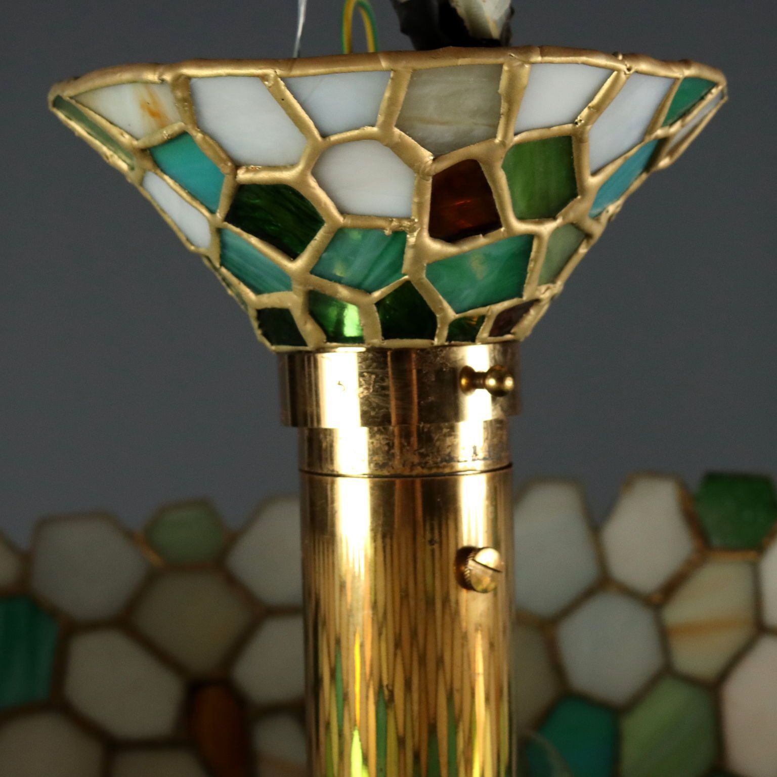 photo for sale Antique Chandelier Tiffany Style Brass Glass Italy XX Century