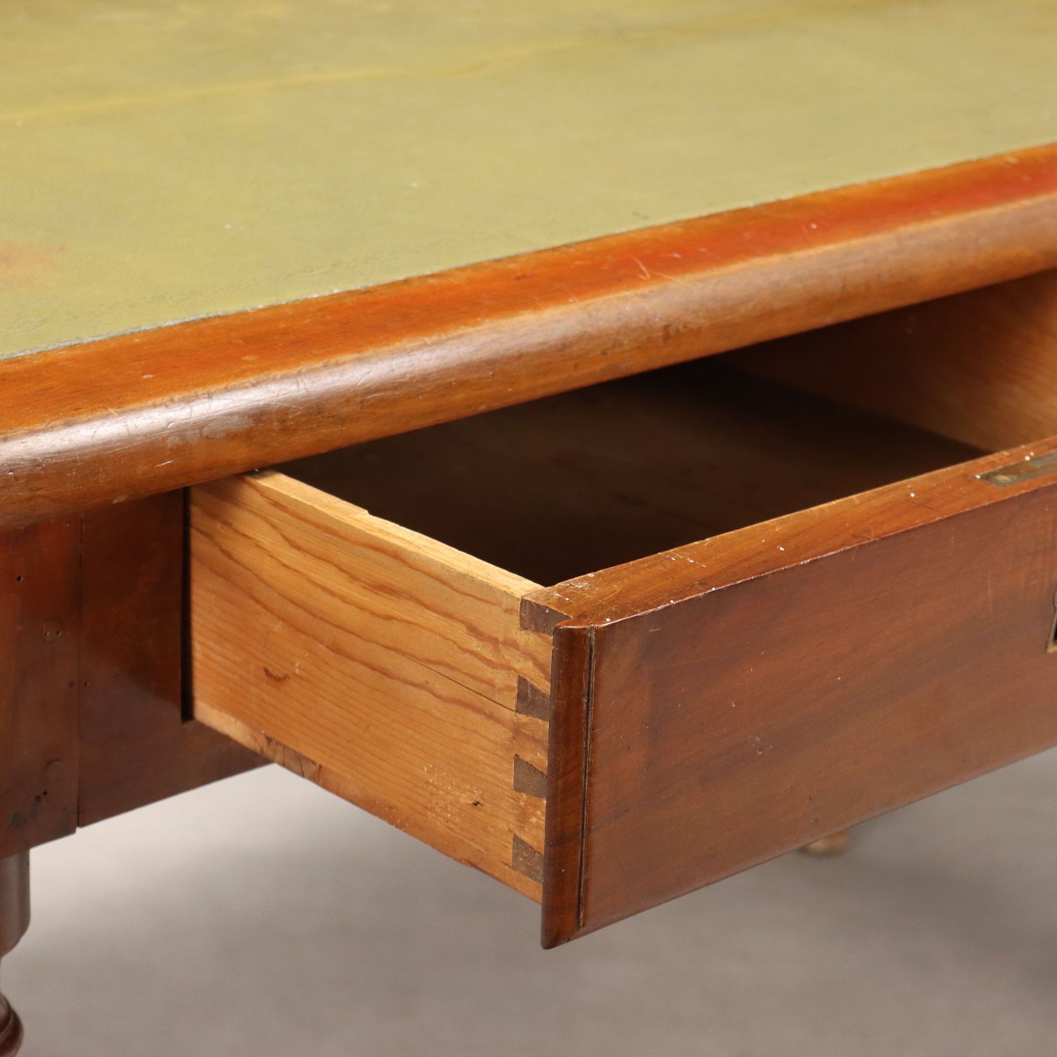 Antique Desk Walnut Green Leather Drawers Italy XIX Century photo vinterior
