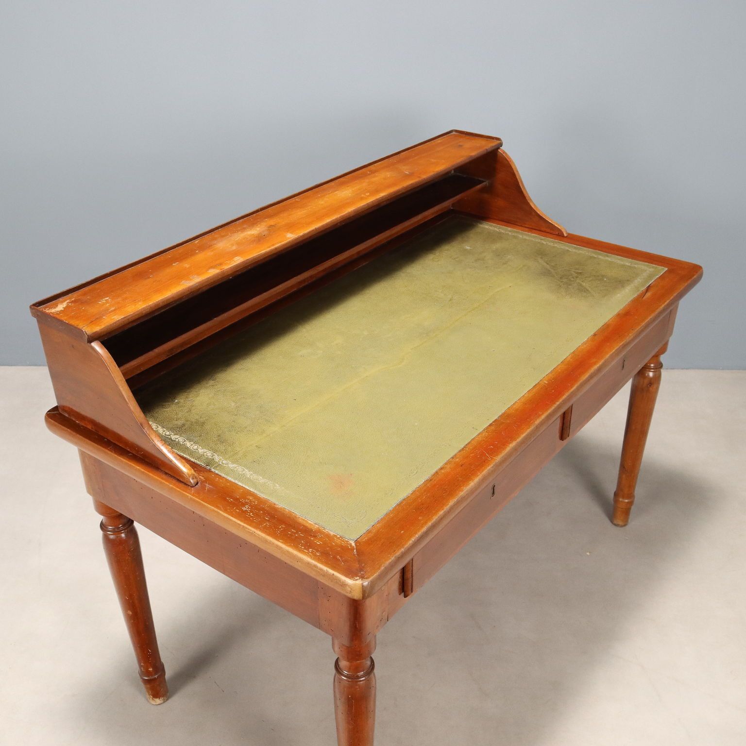 Antique Desk Walnut Green Leather Drawers Italy XIX Century photo vintage