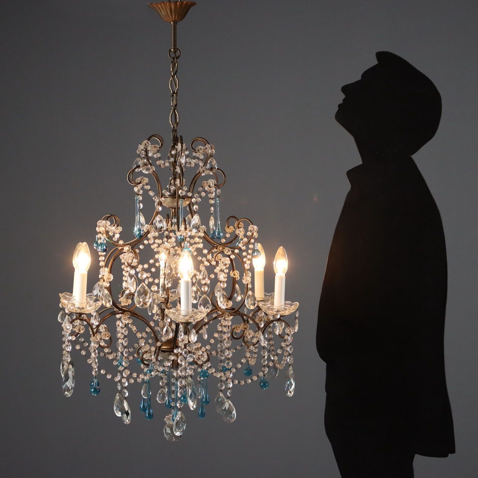 Antieke kroonluchters, gepolijst ijzer en glas, 6 lichten, Italië, 19e eeuw photo furniture