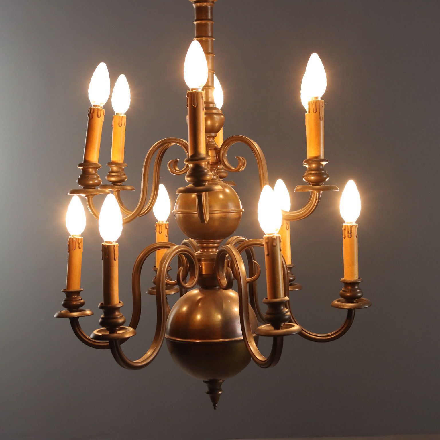 Antique Chandelier Bronze Glass 12 Lights Netherlands XX Century photo for sale