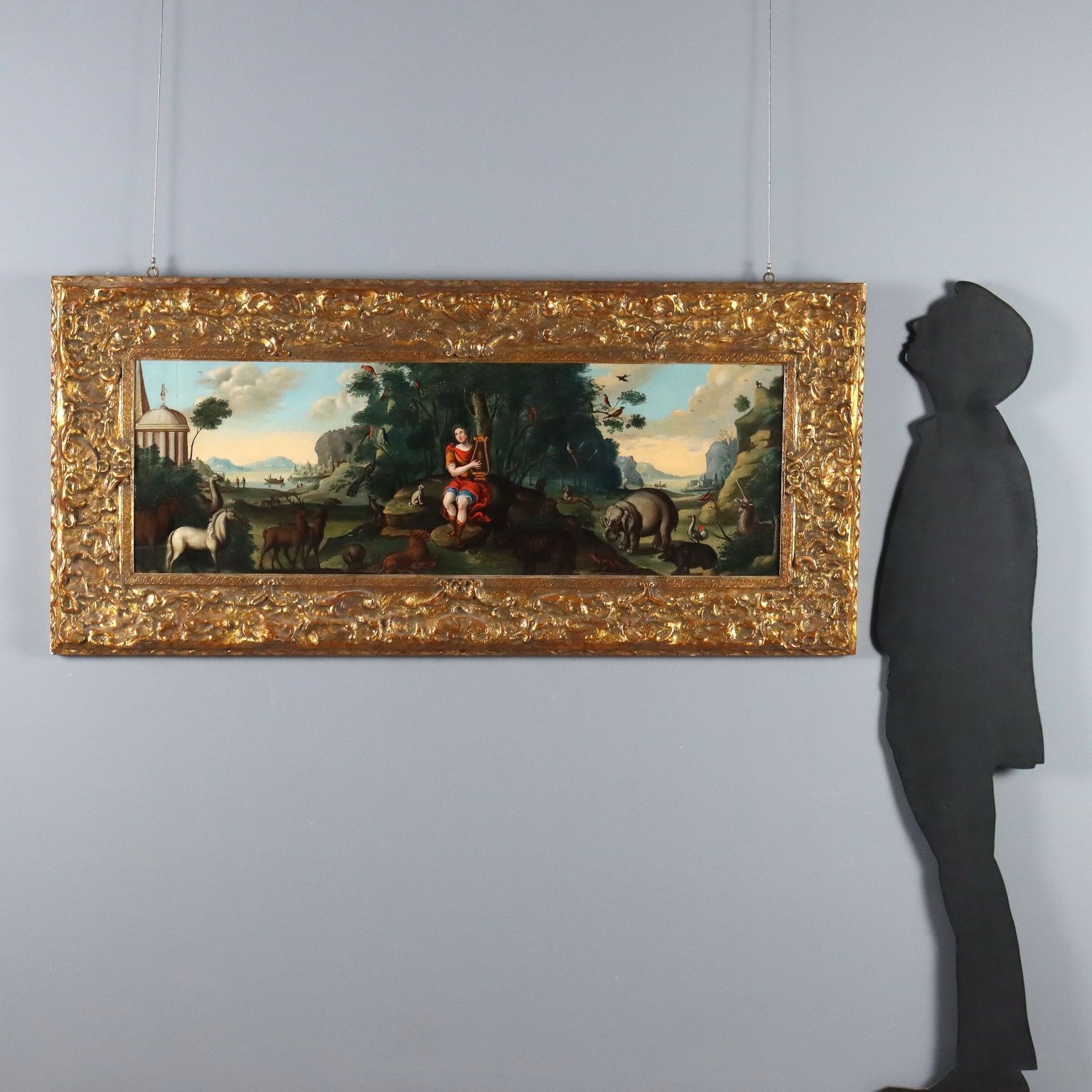 Antiek schilderij Orpheus betovert de dieren, olieverf op paneel, '700 photo furniture