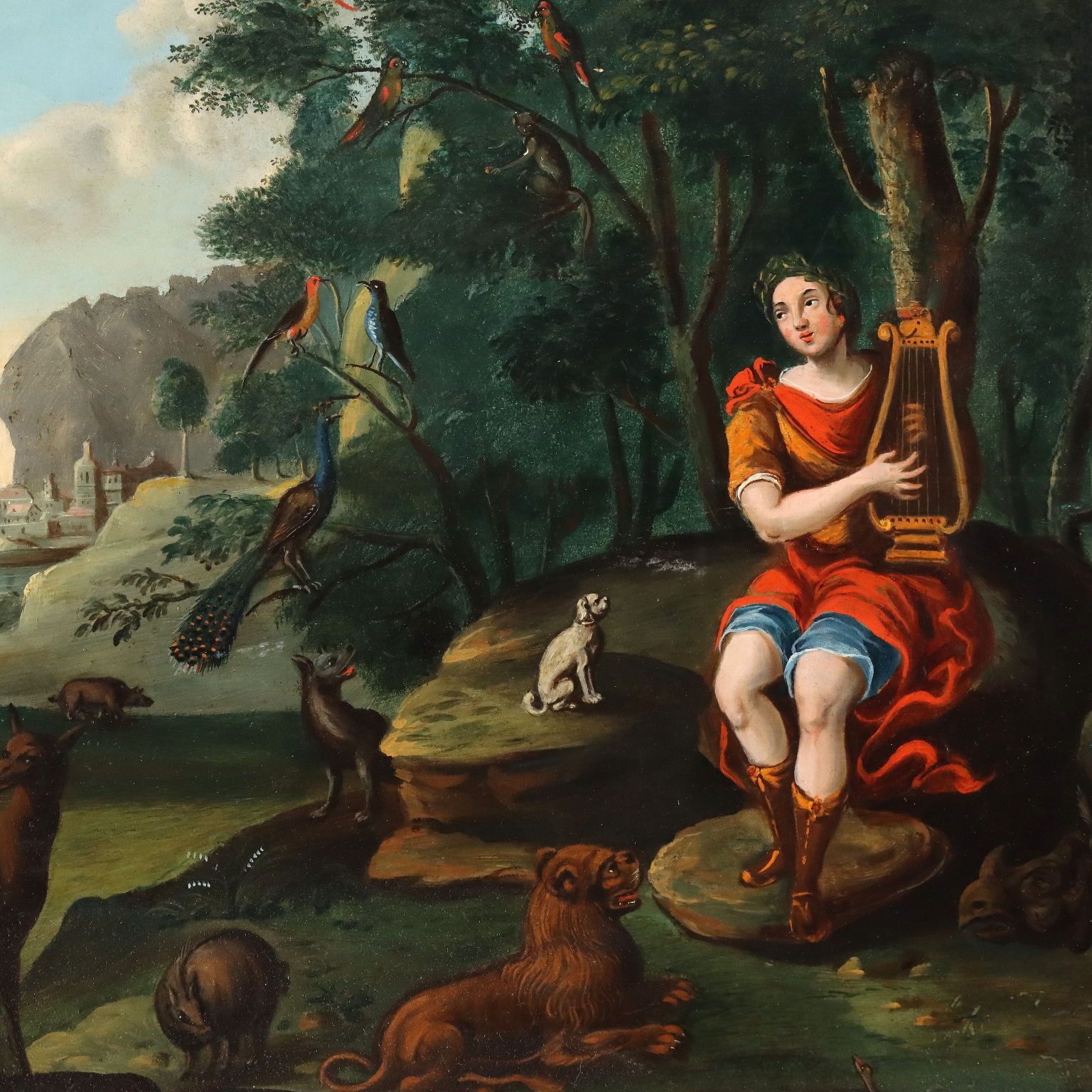 Antiek schilderij Orpheus betovert de dieren, olieverf op paneel, '700 photo for sale