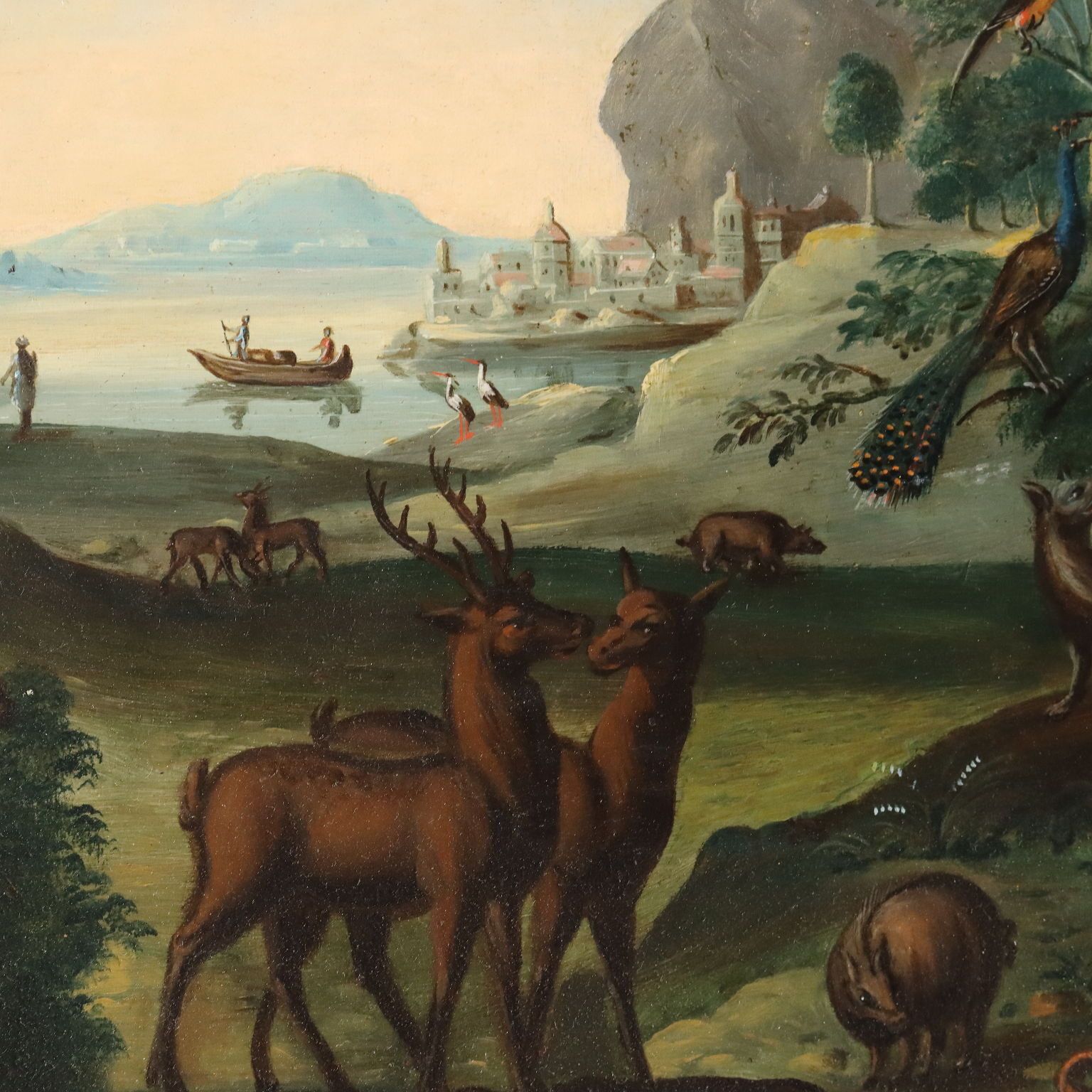 Antiek schilderij Orpheus betovert de dieren, olieverf op paneel, '700 photo Kunst