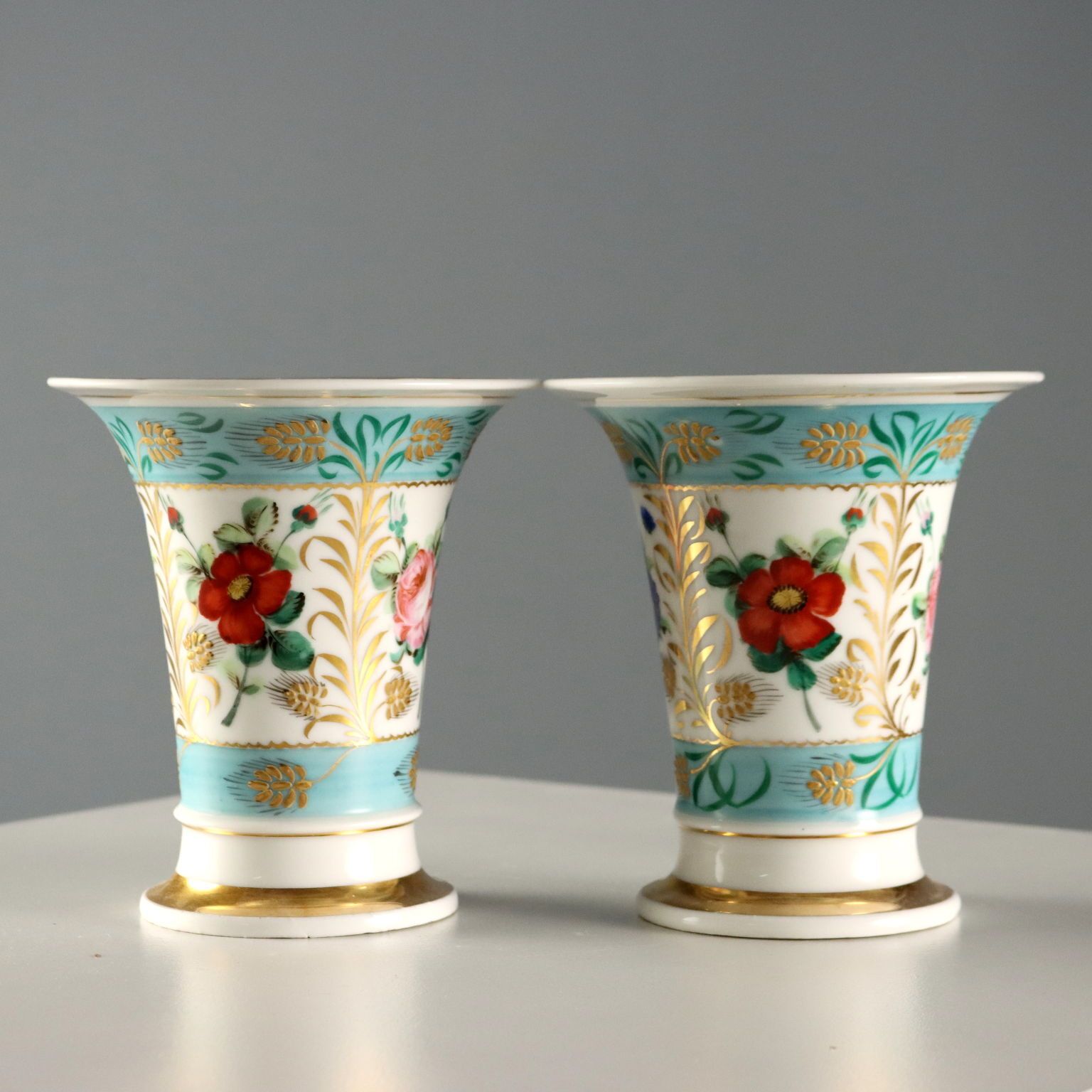 Antique Vases Coloured Porcelain Flowers Germany XIX Century