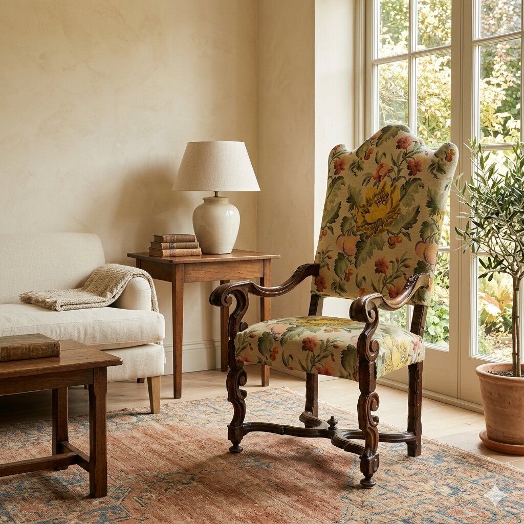 Barokke fauteuil, walnoot, stof, Italië, 18e eeuw photo furniture