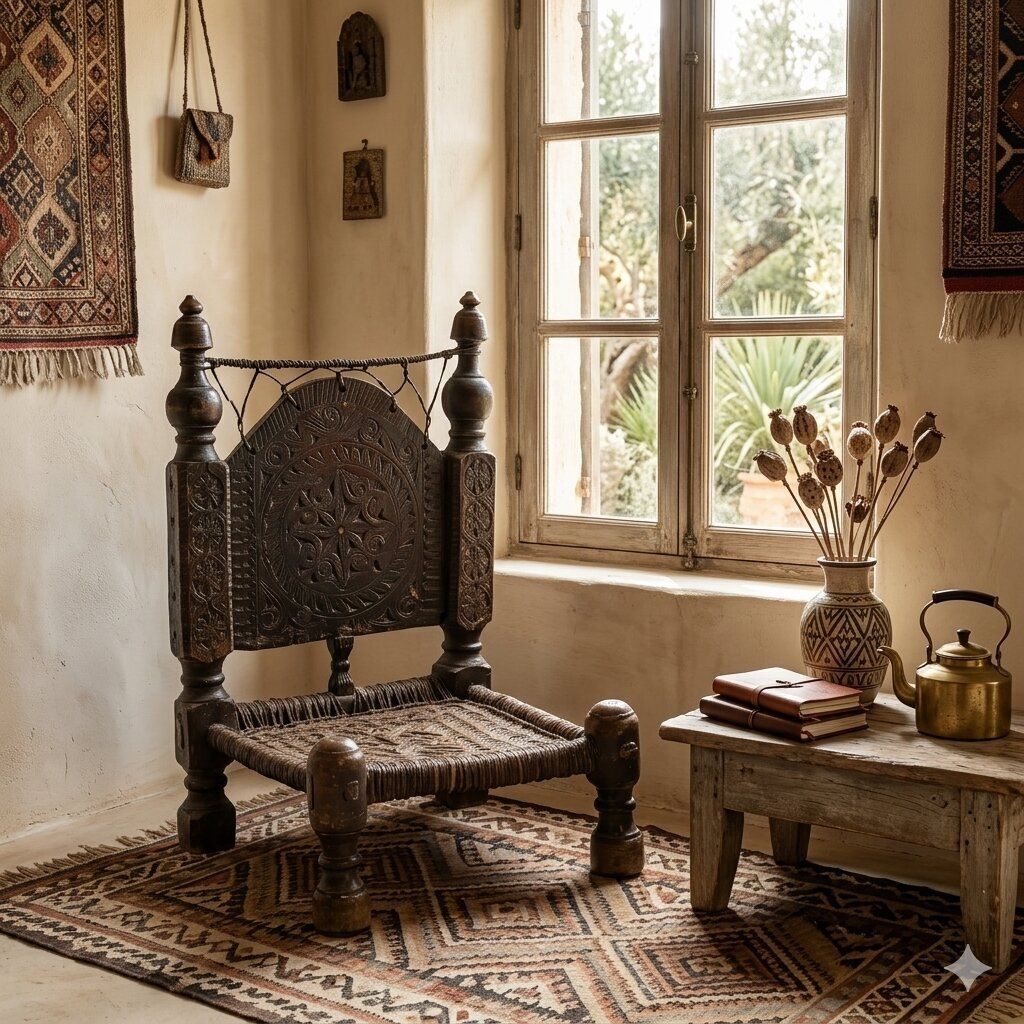 Fauteuil ethnique d'époque en bois exotique et cuir, Pakistan, XIXe siècle photo furniture