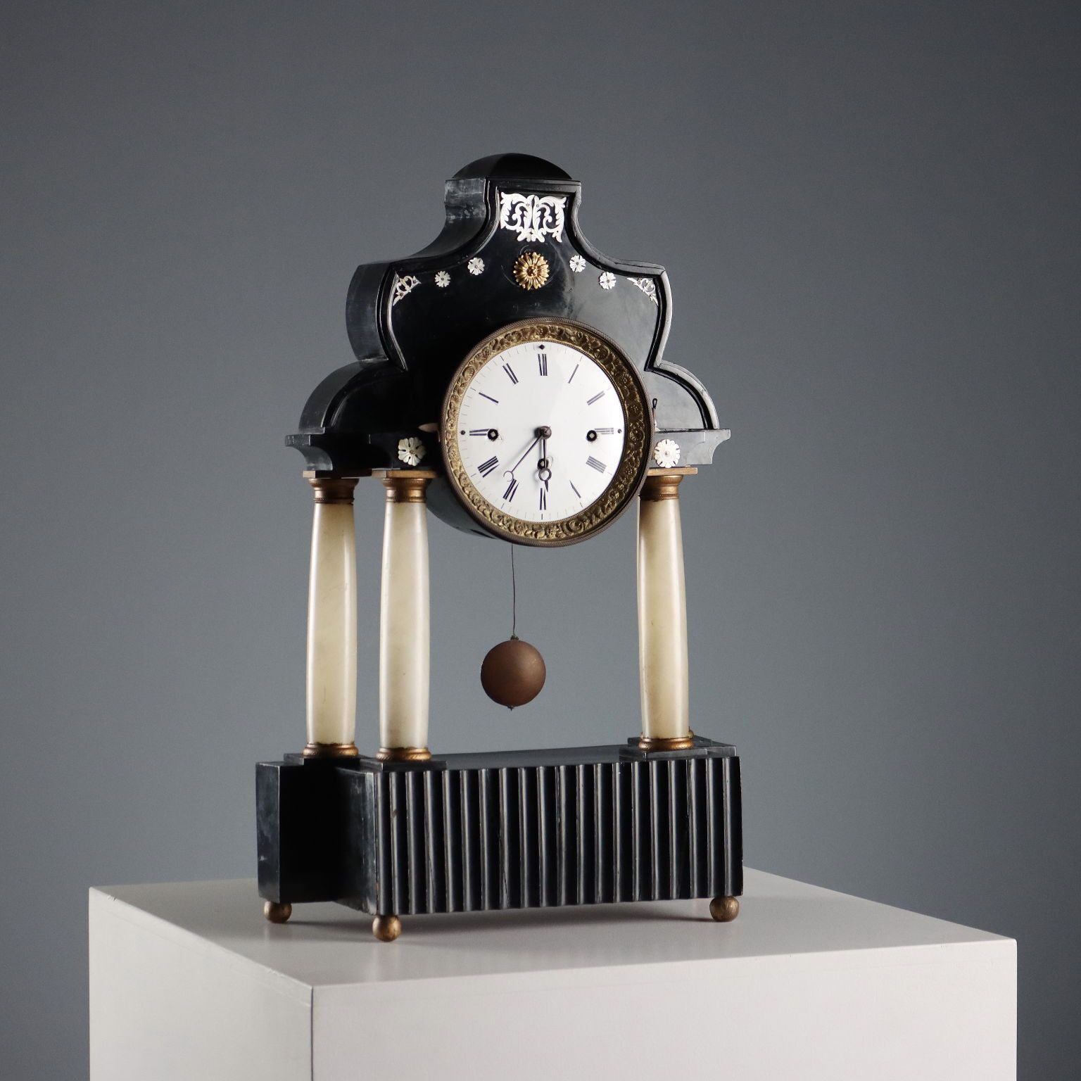 Antique Clock Ebonized Wood Alabaster Bronze XIX Century