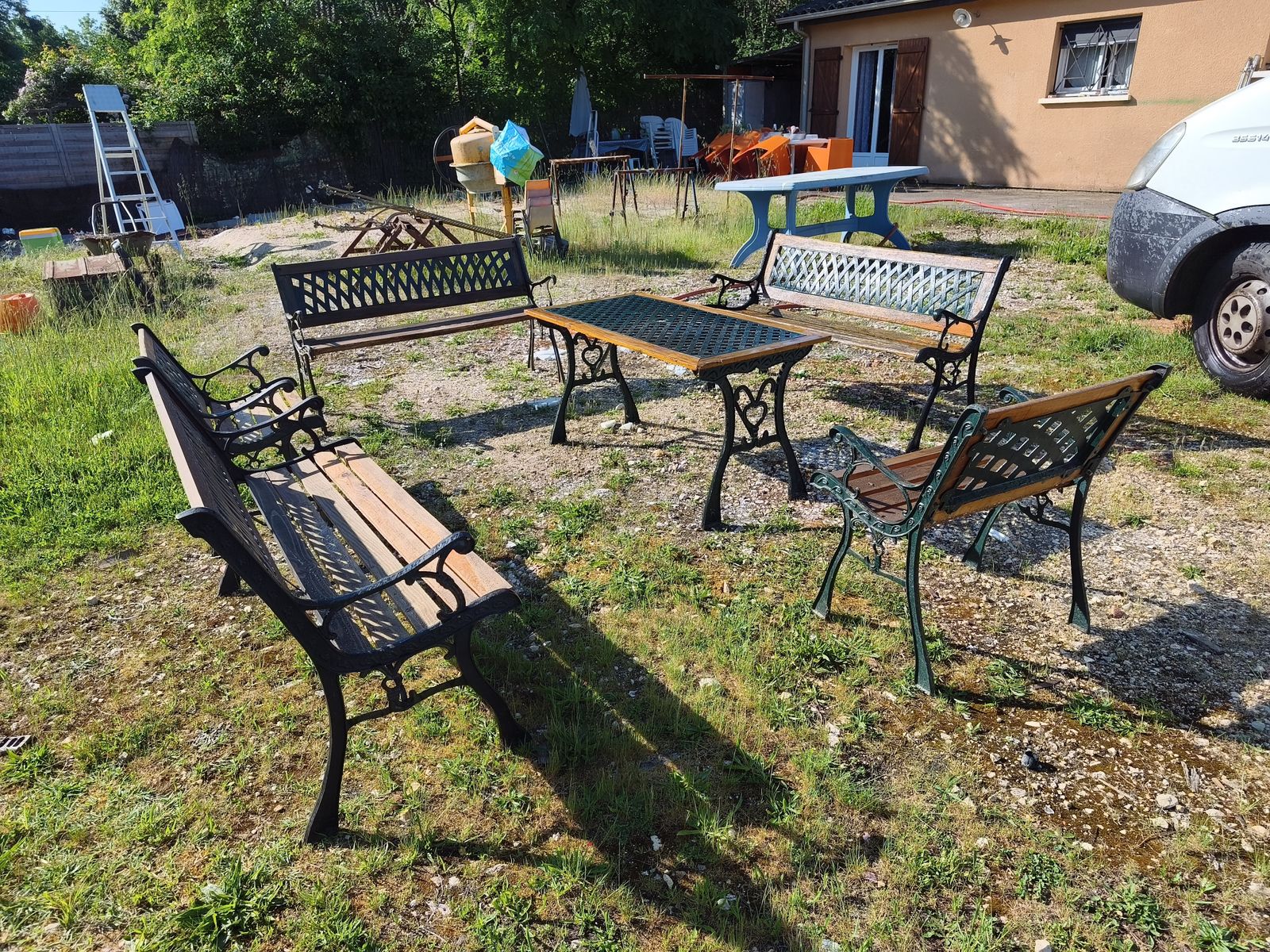Garden Furniture Set, Table, 3 Benches + 2 Armchairs, Cast Iron And Wood photo furniture