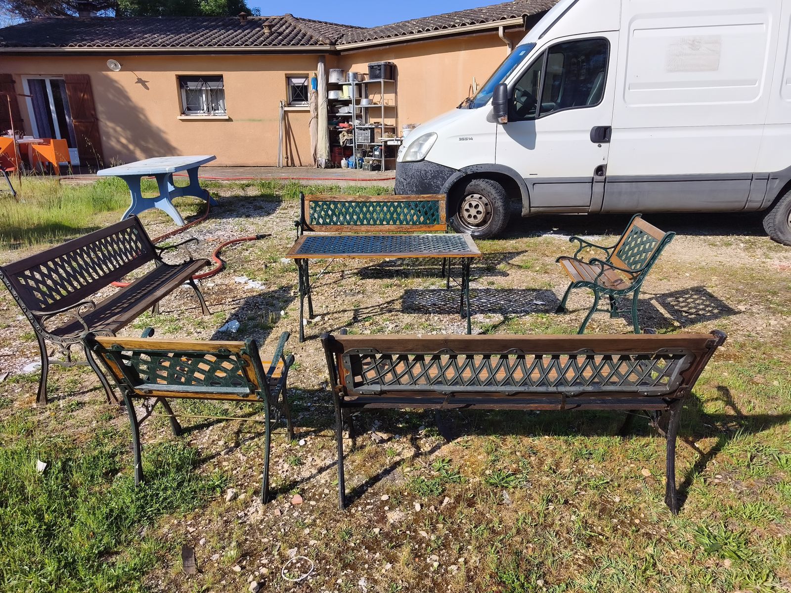 Garden Furniture Set, Table, 3 Benches + 2 Armchairs, Cast Iron And Wood photo for sale