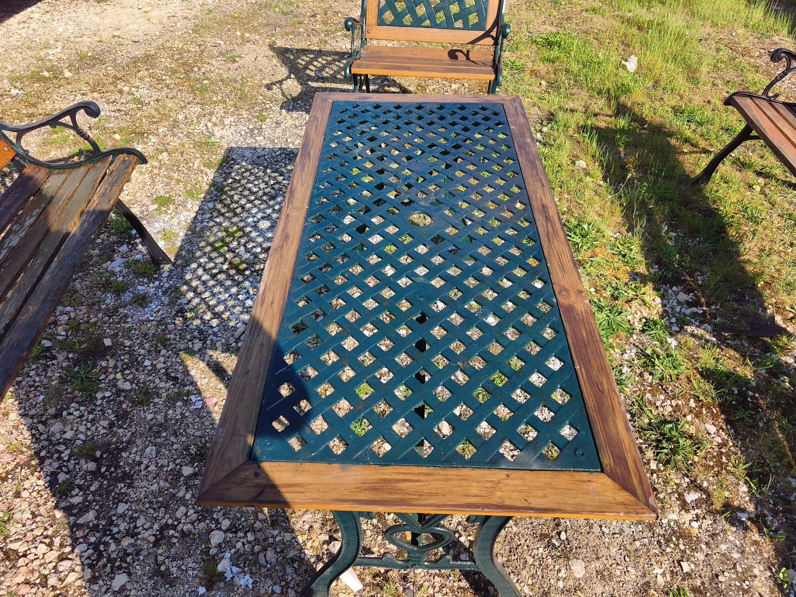 Garden Furniture Set, Table, 3 Benches + 2 Armchairs, Cast Iron And Wood photo buy
