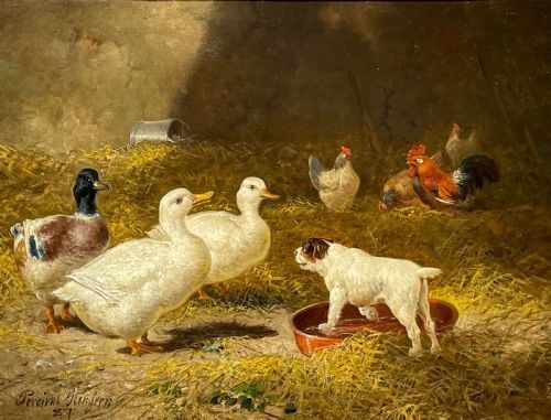 Victorian Farmyard Oil Painting By Percival Glenfern With Puppy And Ducks & Poultry photo furniture