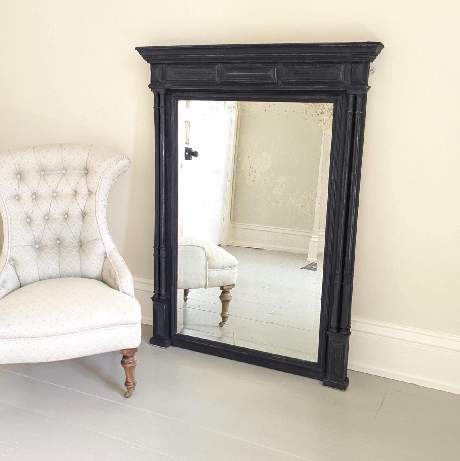 An Antique French Carved Wooden Painted Over Mantel Mirror Antique Wood Framed Mirror photo furniture