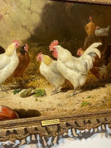 Victorian Poultry Farmyard Oil Painting By Percival Glenfern "Unexpected Company" Toad In A Chicken Coop photo for sale