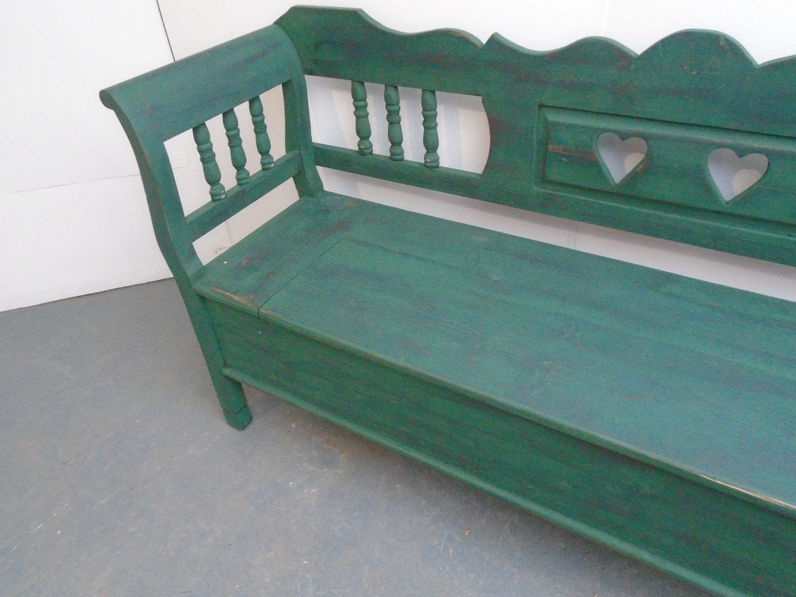 A Green & Black Heart Motif Antique Pine 3 Seater Bench photo for sale