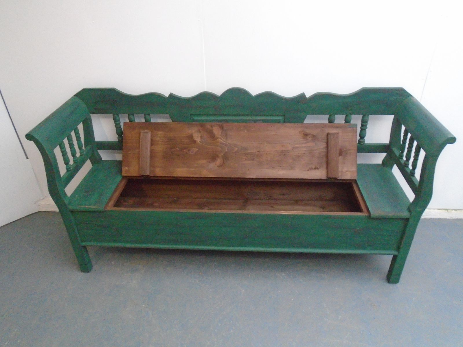 A Green & Black Heart Motif Antique Pine 3 Seater Bench photo 595.0
