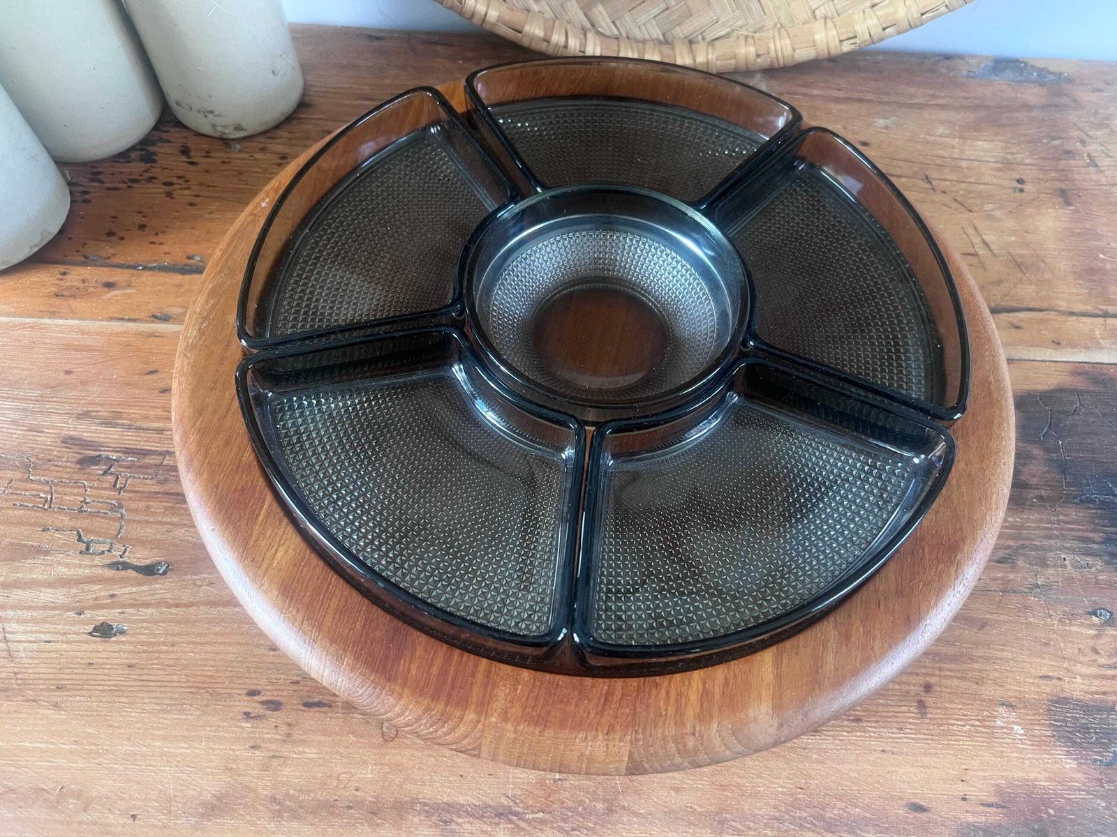 Vintage Digsmed Denmark Teak Lazy Susan, Mid Century Modern Rotating Serving Tray With 6 Smoked Glass Bowls, Mcm Danish Design C. 1960s. photo 150.0