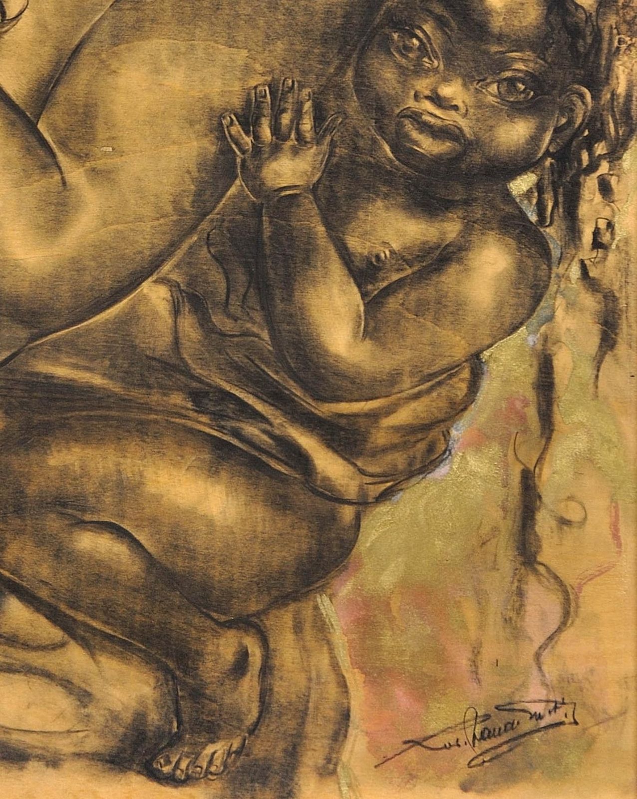 photo furniture Mother And Child. Indistinctly Signed. 20th Century Framed Original Artwork. Mixed Media Charcoal, Oil Paint & Spray Paint On Plywood.