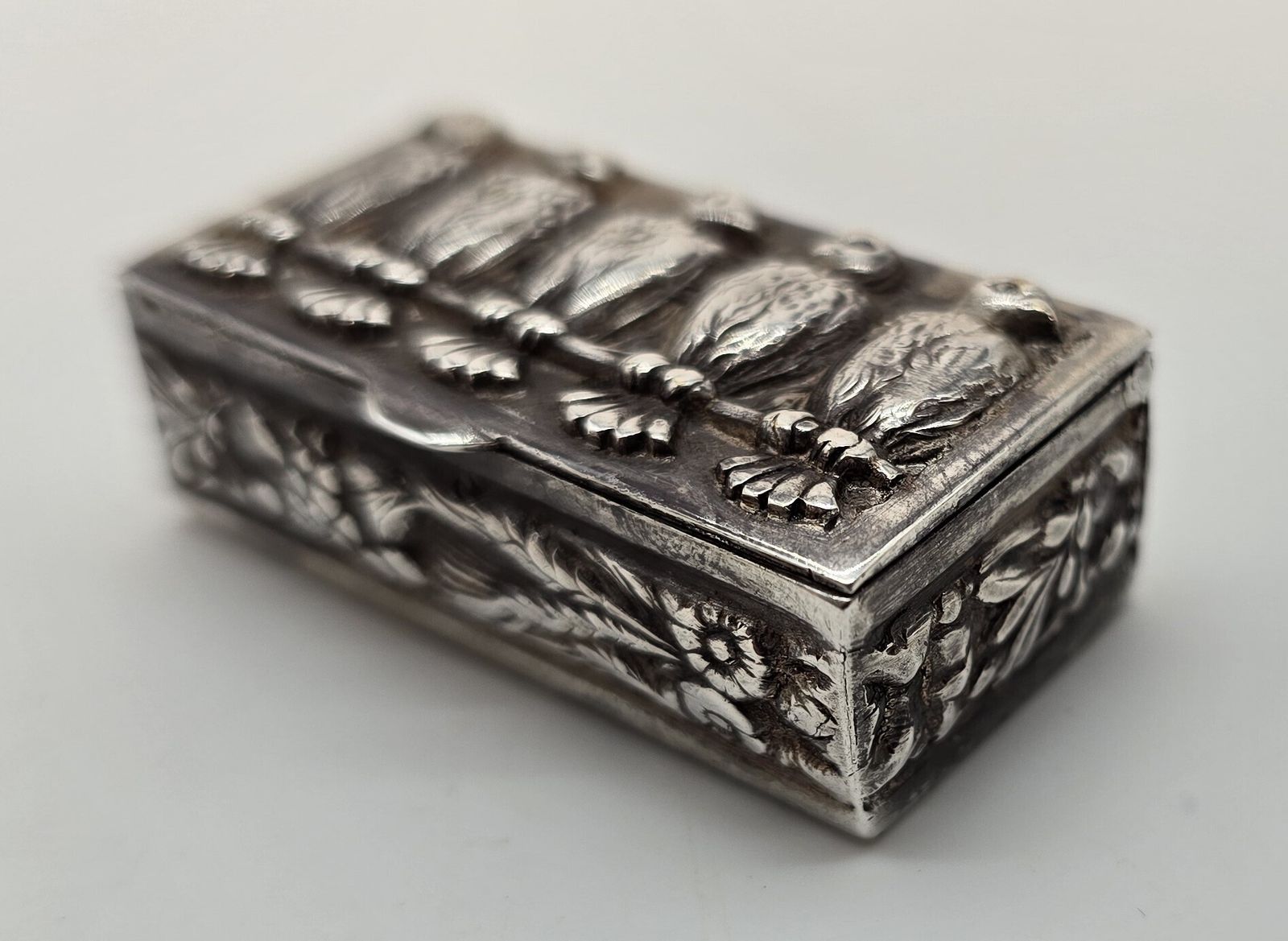 19th Century Silver Box, Heavily Cast Depicting 4 Birds, Continental Circa 1880 photo for sale