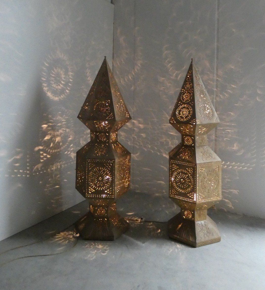 Large Moroccan Perforated Metal Tower Lamps, 1980s, Set Of 2 photo for sale