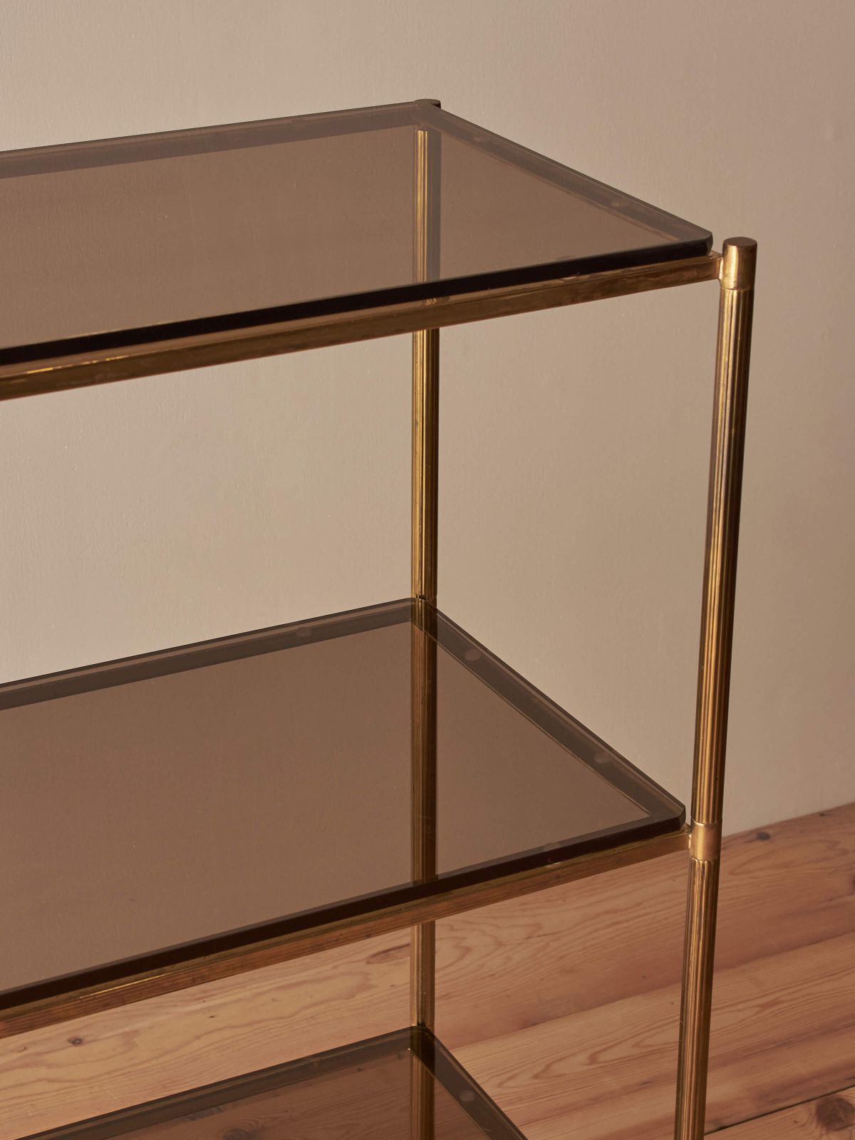 Mid Century Brass And Smoked Glass Shelving Unit photo furniture