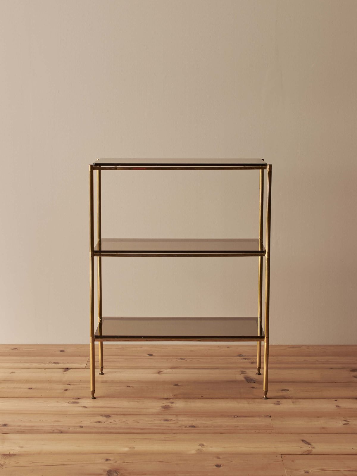 Mid Century Brass And Smoked Glass Shelving Unit photo Furniture