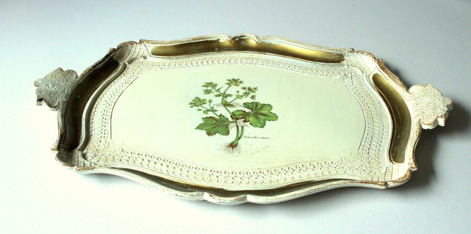 Groot houten Florentijns dienblad crèmewit/goud met bloemenmotieven – Vintage photo furniture