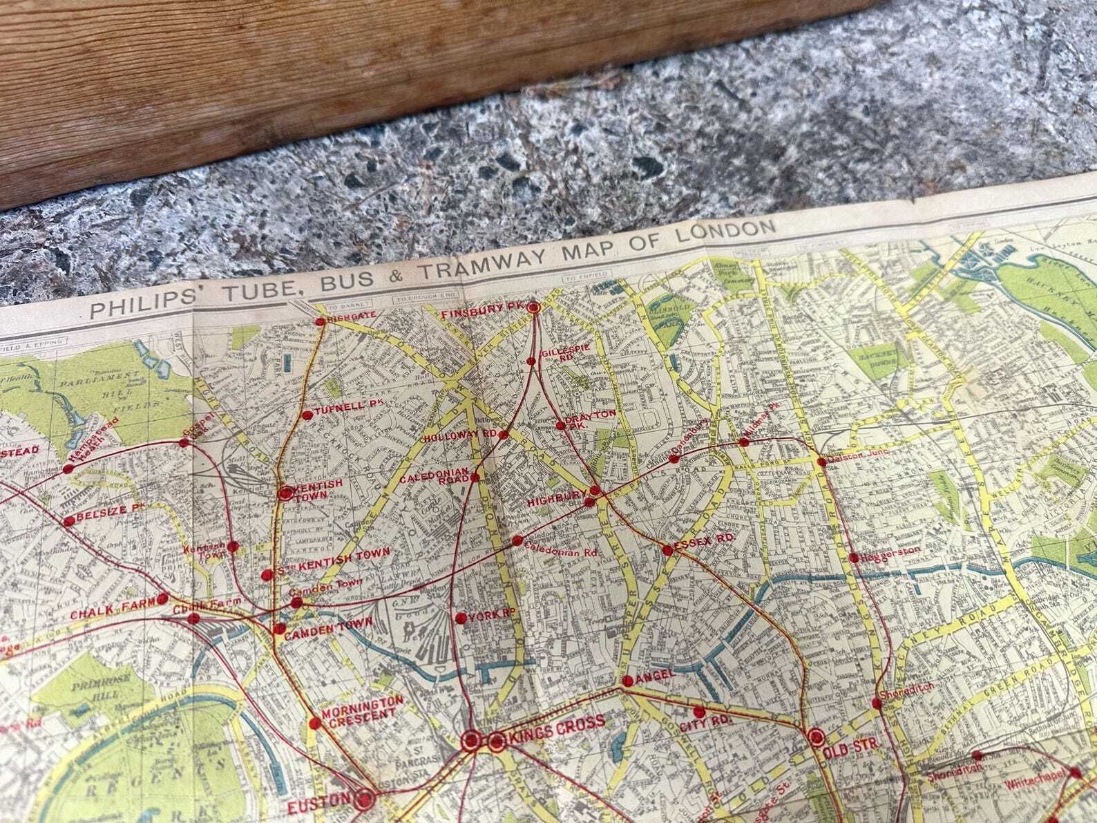 Ww2 1940s London Tube Map Philips Bus Tramway photo vintage