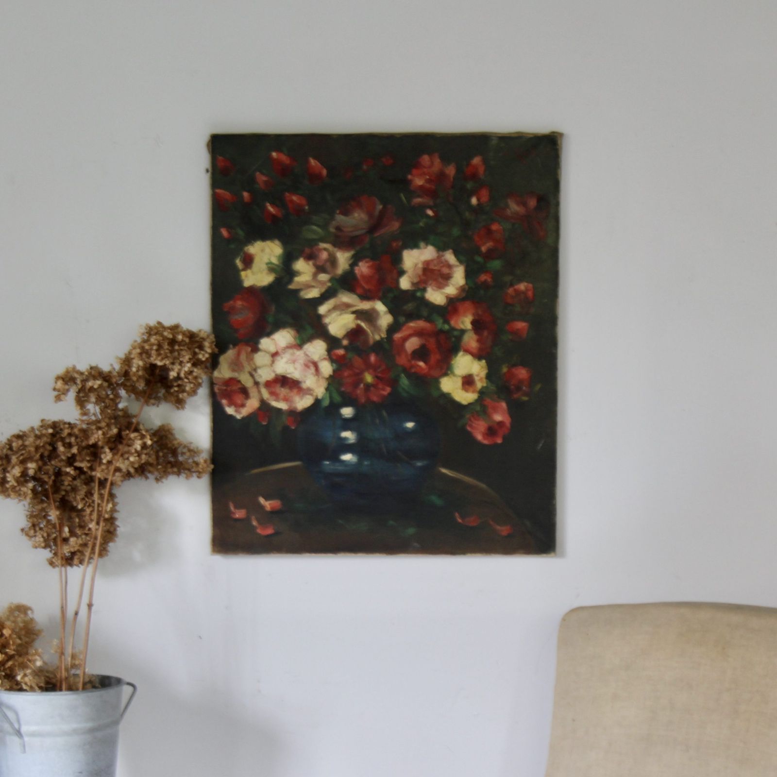 Large Turn Of The Century French Floral Oil Painting On Canvas photo vinterior