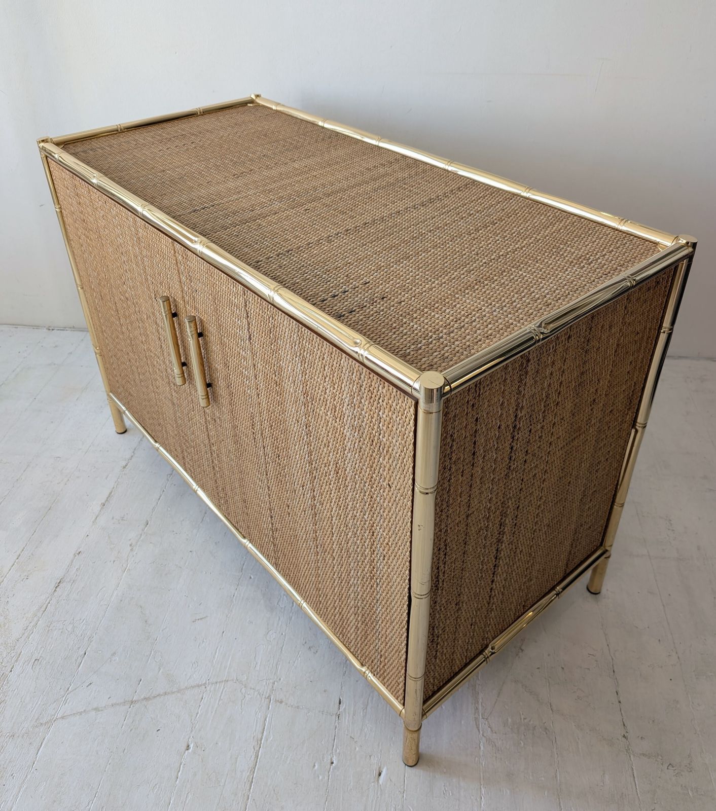 1525.0 Vintage Italian Dal Vera Style Rattan Cabinet With Brass Faux Bamboo Frame 1970s / 1980s photo