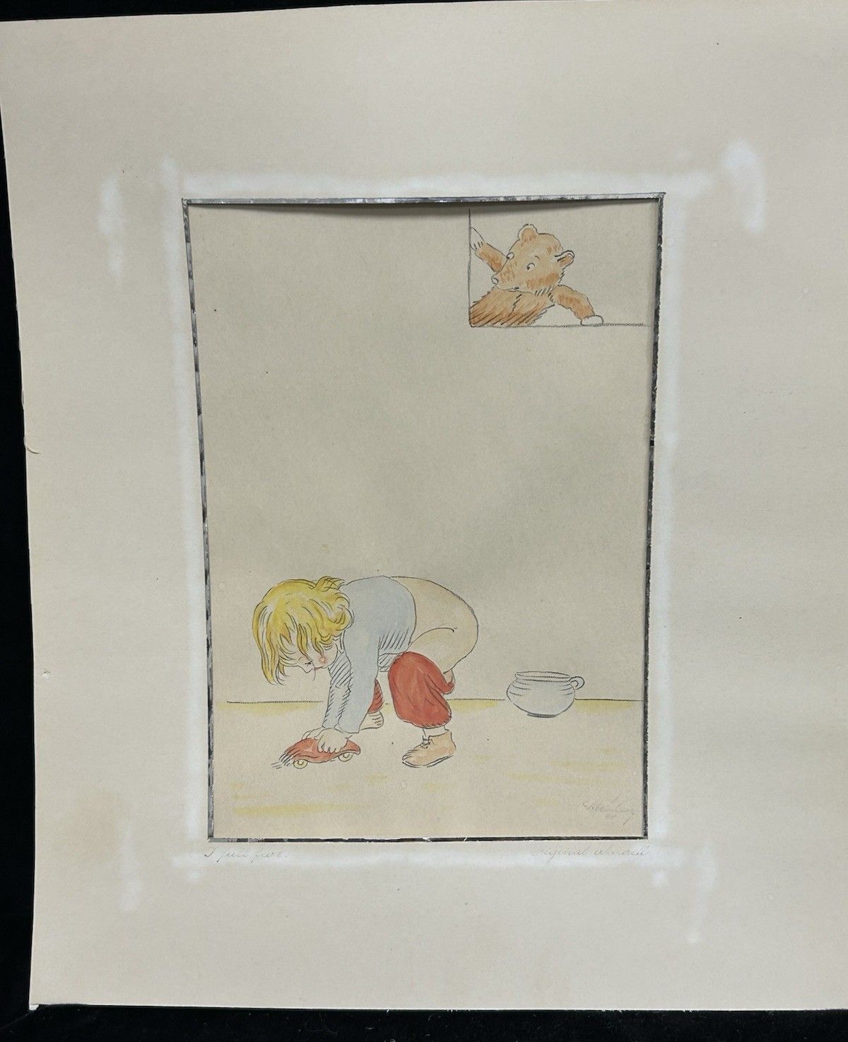 Original Watercolour Child Playing 1948' A Full Fart' Humorous Illustration photo vintage