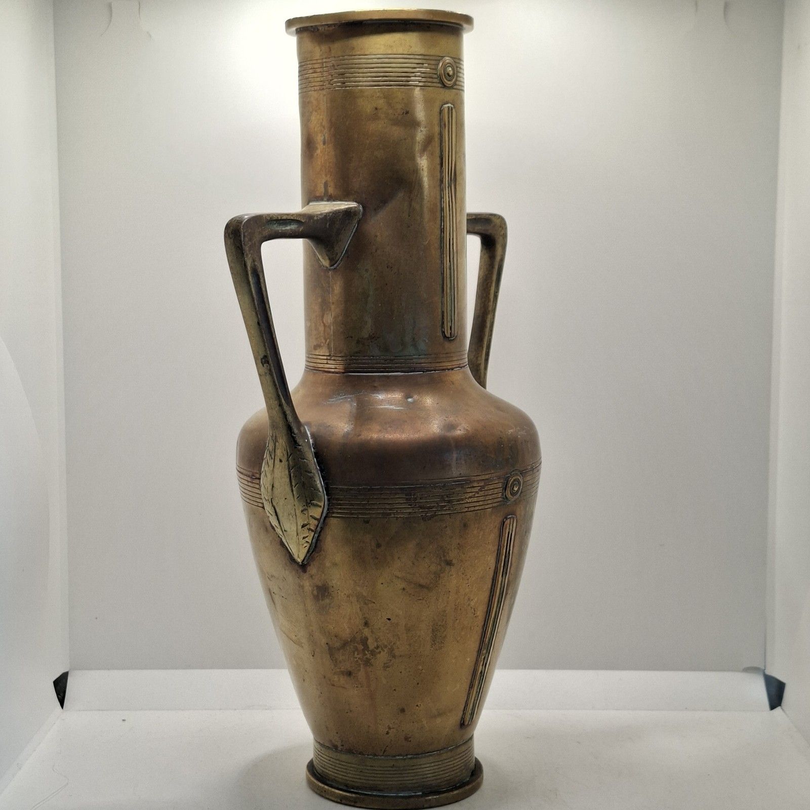 Art Nouveau Arts & Crafts Brass Amphora Vase With Handles Large British Antique photo for sale